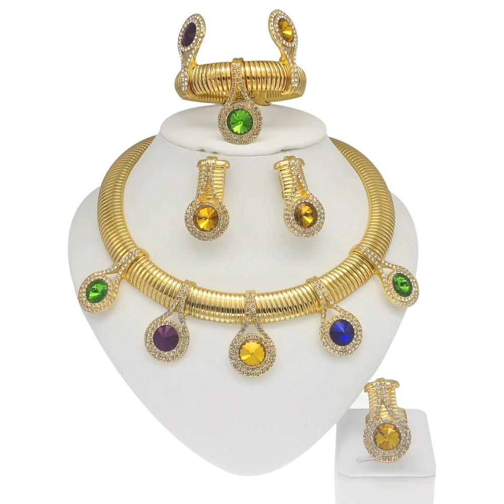 Women Jewelry Set Luxury 24K Gold Plated Colorful Rhinestone Necklace Earrings Gorgeous Wedding Banquet Jewelry Costume - Image 5