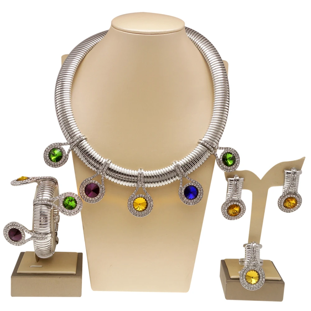 Women Jewelry Set Luxury 24K Gold Plated Colorful Rhinestone Necklace Earrings Gorgeous Wedding Banquet Jewelry Costume - Image 4