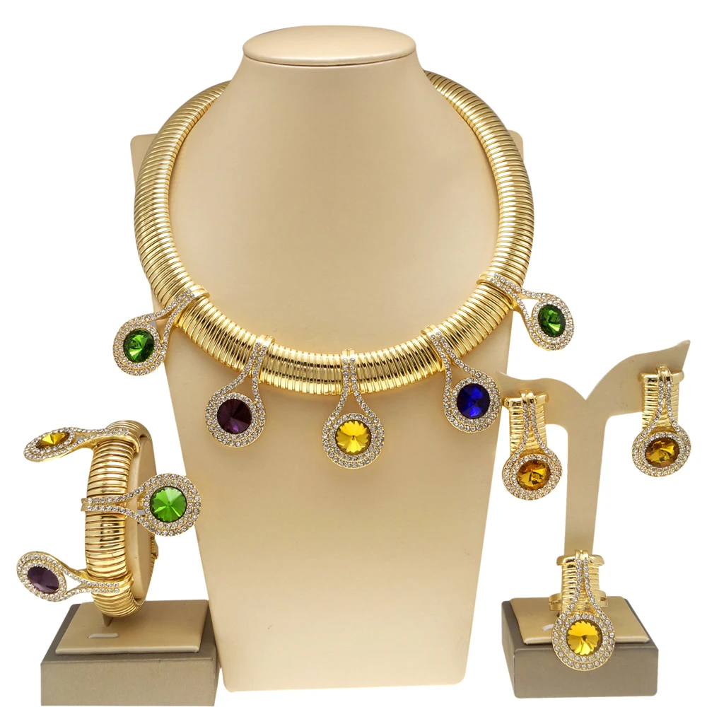 Women Jewelry Set 24k Original Necklace Gorgeous Colorful Stone Simple Fashion Earring Bracelet Luxury Wedding  Banquet Jewelry