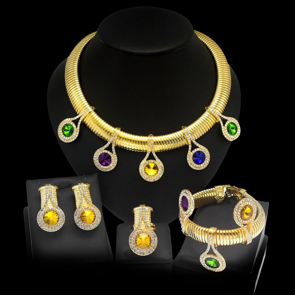 Women Jewelry Set Luxury 24K Gold Plated Colorful Rhinestone Necklace Earrings Gorgeous Wedding Banquet Jewelry Costume - Image 6
