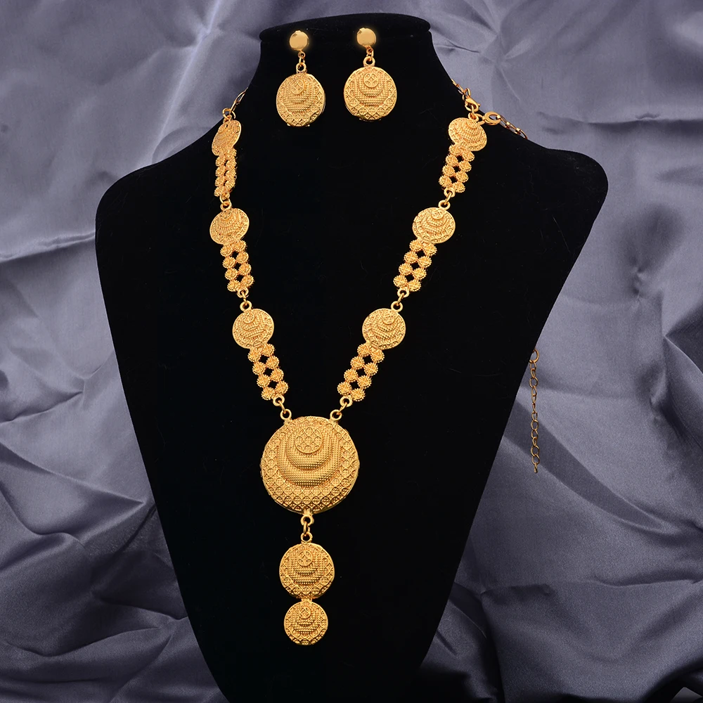 24k Gold Color Jewelry Sets For Women Girl Necklace Earrings India Wedding Ethiopian Jewelry Set - Image 4