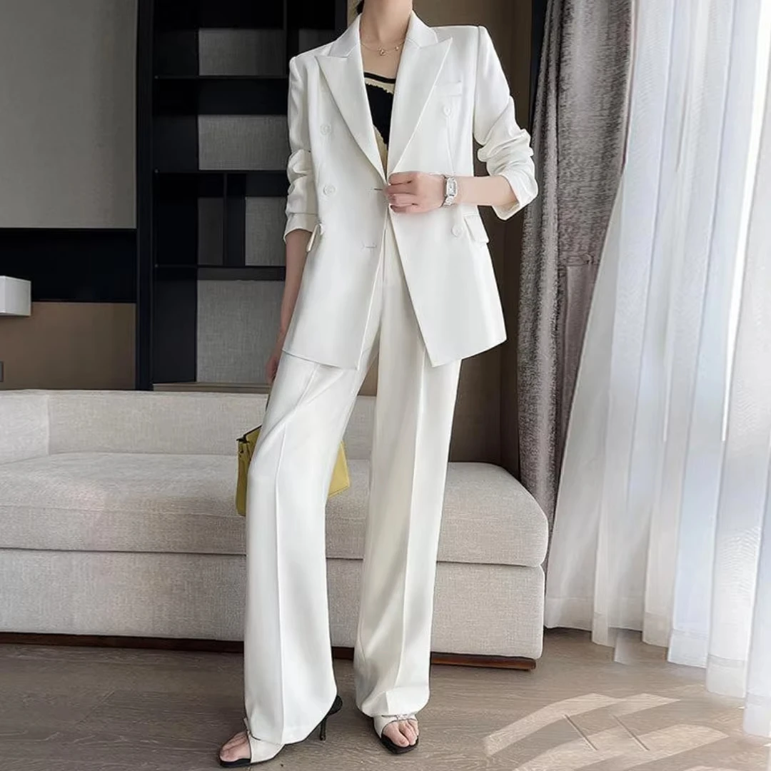 Women Suit 2 Pieces White Double Button With Lapel Solid For Wedding Banquet Party Business Work Office Set Blazer And Pants - Image 4