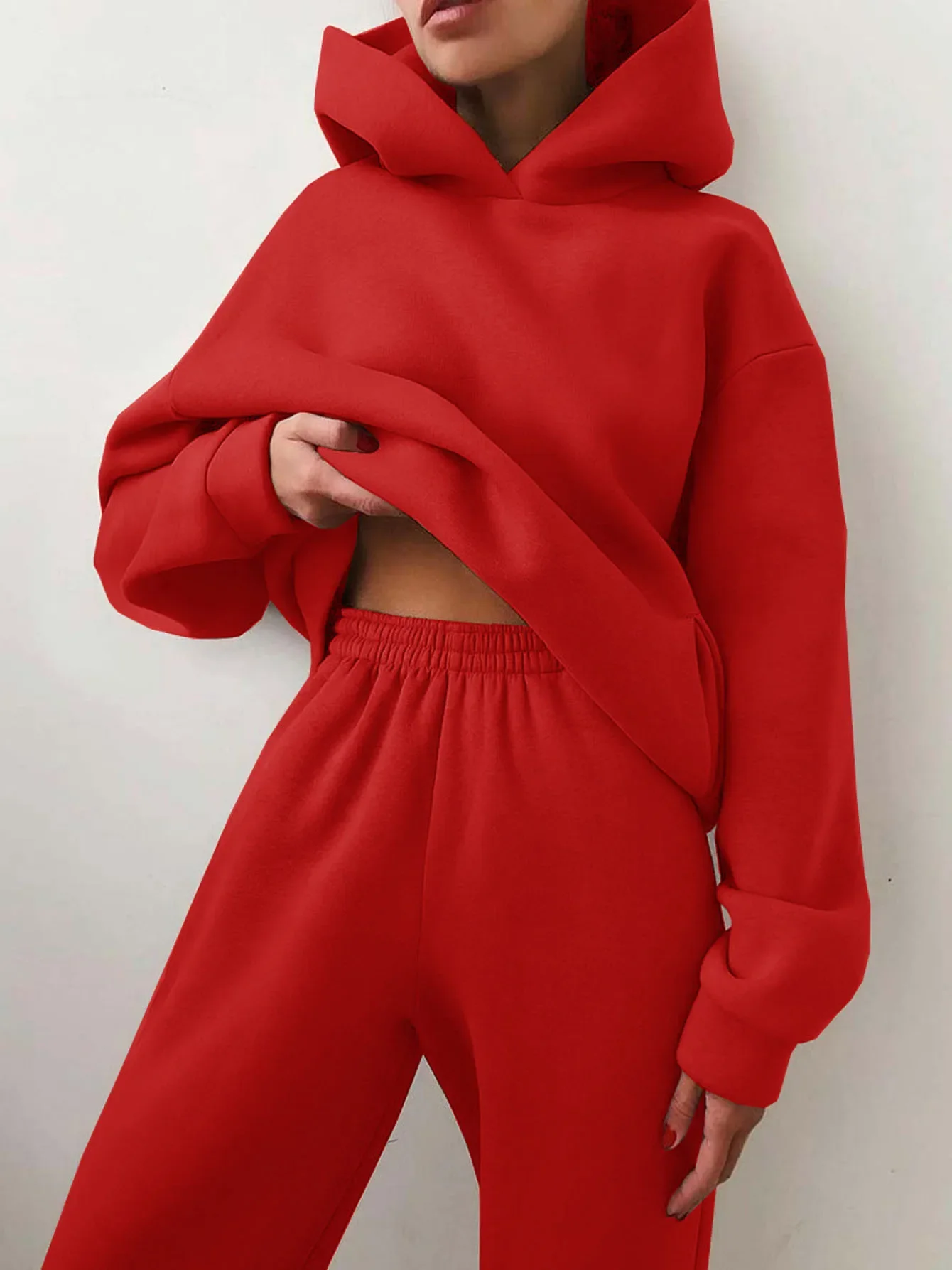 Women's Tracksuit Casual Solid Long Sleeve Hooded Sport Suits Autumn Warm Hoodie Sweatshirts and Long Pant Fleece Two Piece Sets - Image 18