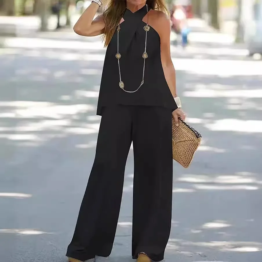 Women's Clothing 2025 New Fashion Casual Halter Neck Solid Color Sleeveless Suit Wide Leg Pants Trousers Two-piece Suit - Image 4