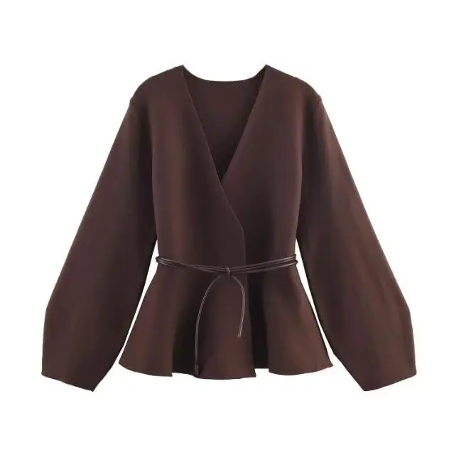Woman Clothes Tops V Elegant Knit Cardigan For Women With V Neck Tie Waist And Flared Hem Autumn And Winter Workwear Top - Image 7