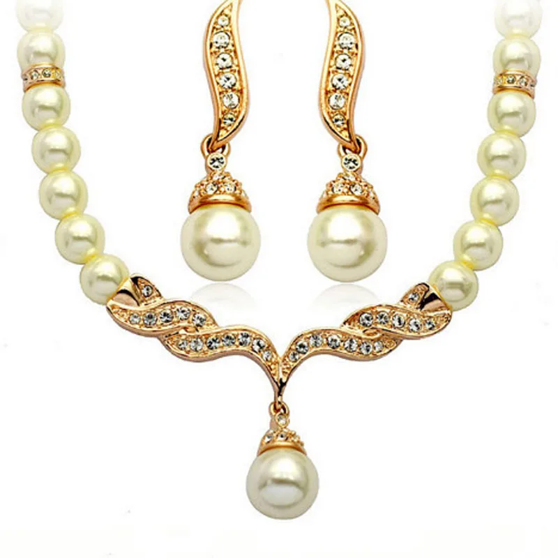 Women's 2 Piece Jewelry Sets One Gold Color Necklace + 1 Pair Earrings Wedding Bridal Pearl Elegant Decoration Pendientes Gifts - Image 7
