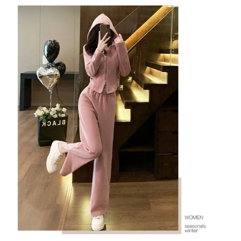 Casual Sports Suit for Women in Spring Autumn New Style Loose Short Hooded Top Drapey Slit Wide Leg Pants Two-piece Set - Image 4