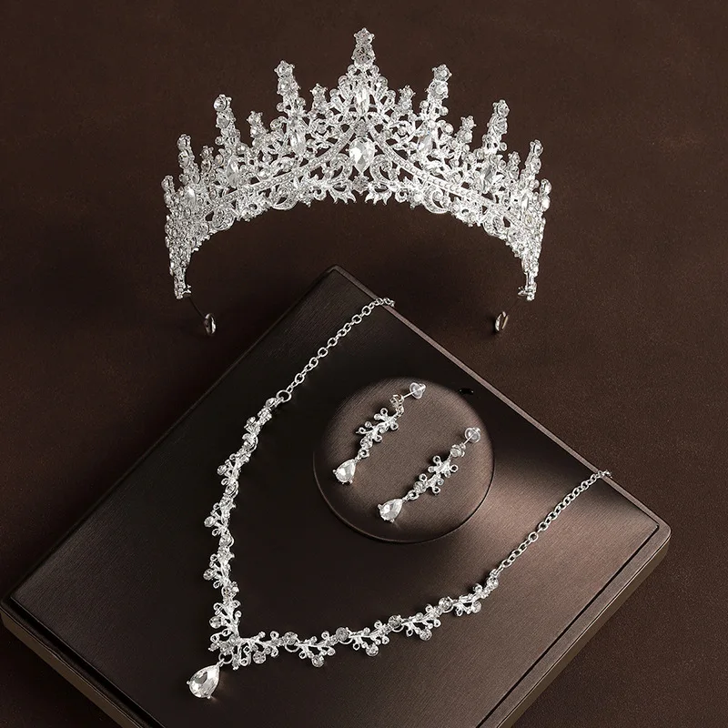 Bridal Wedding Jewelry 4-piece Set, Alloy Crystal Crown&Crystal Necklace&Earrings Women's Classic Wedding Tiaras - Image 5