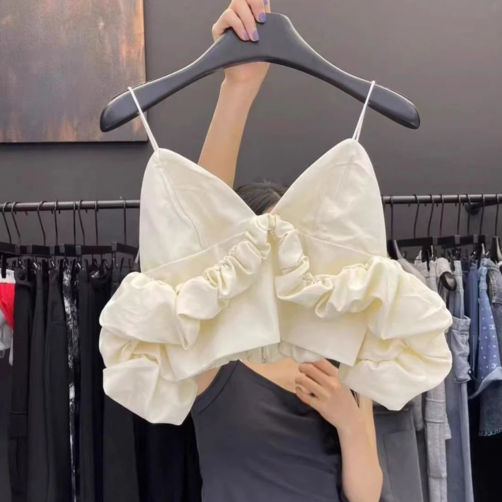 Women's clothing 2025 spring and summer new V-neck off-the-shoulder bubble sleeve pleated short suspender vest women - Image 7
