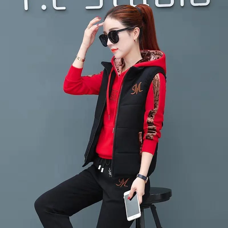 Women's Casual Fashion Autumn Winter New Sweat Suit Plush Thickened Hooded Tops and Waistcoat Pants 3 Three Piece Sets For Women - Image 6