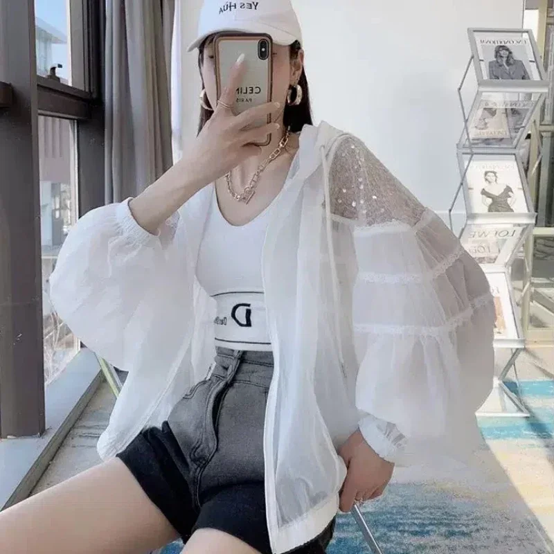 Women's Clothing Long Sleeve Hooded Hollow Out Spliced Sequin Fashionable Young Style Sunscreen Ventilation Coats XQ673 - Image 3