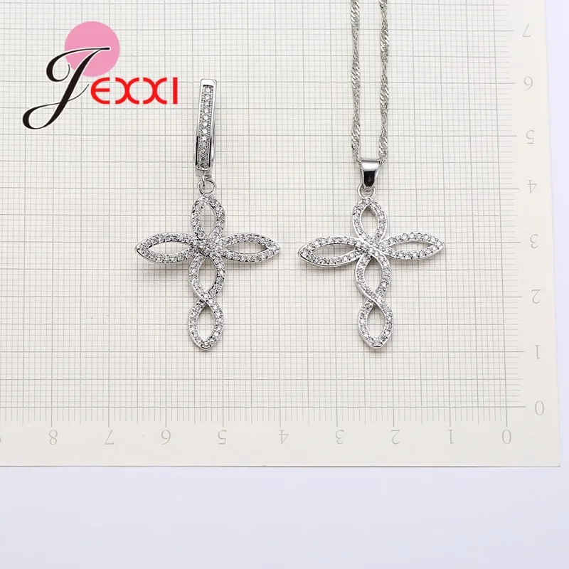 Women Wedding Jewelry Sets Charm Crystal Crooked Cross Pendant Necklaces Earrings Sets Shininy 925 Sterling Silver Bijoux - Image 6