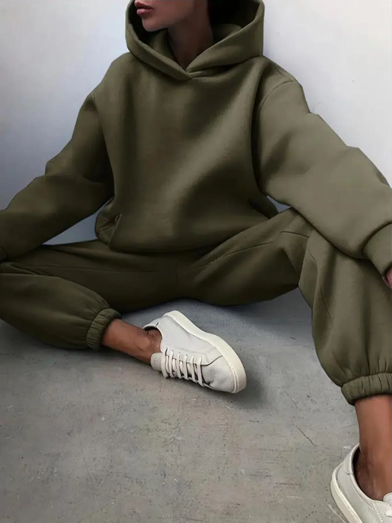 Women's Tracksuit Casual Solid Long Sleeve Hooded Sport Suits Autumn Warm Hoodie Sweatshirts and Long Pant Fleece Two Piece Sets - Image 15