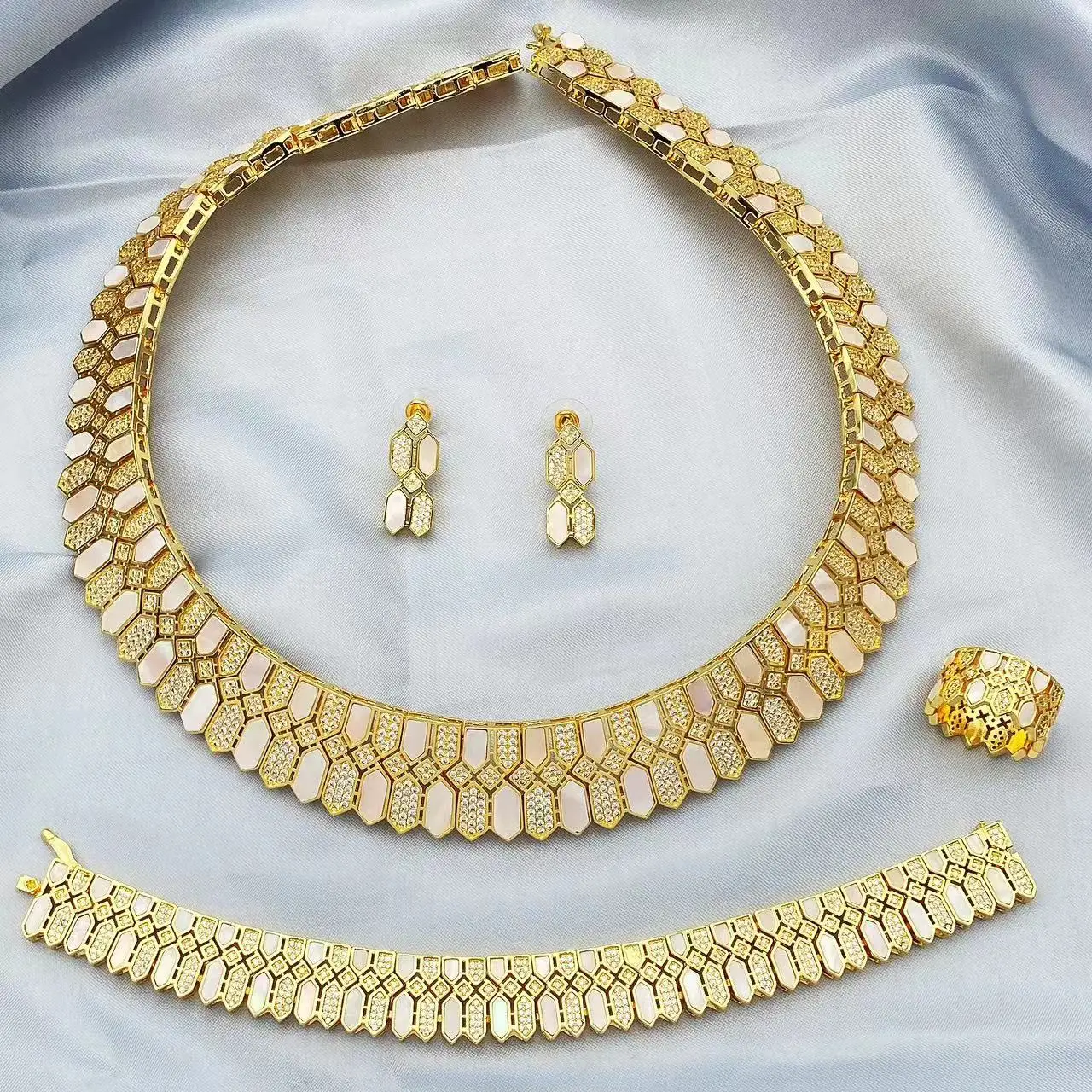 HOT Jewelry Sets For Woman Wedding Parties Jewellery Necklace Earrings Rings Bracelets For Gift Plating18k With CZ White shell - Image 7