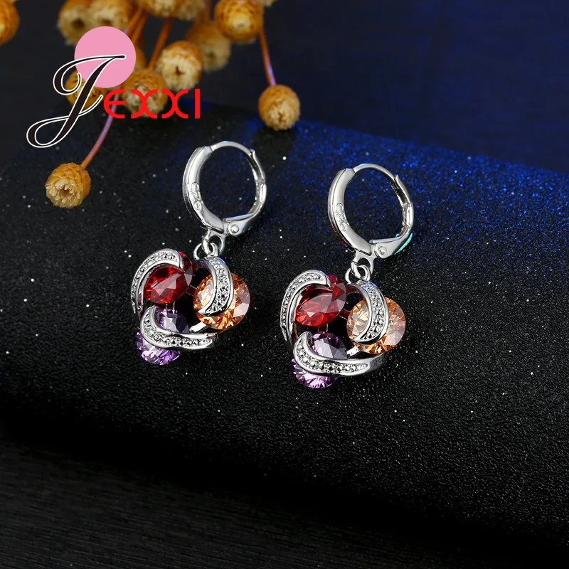 Colorful Crystal Jewelry Set for Female Girls 925 Sterling Silver Pendant Necklaces Earrings Set Women Wedding Accessorie - Image 4