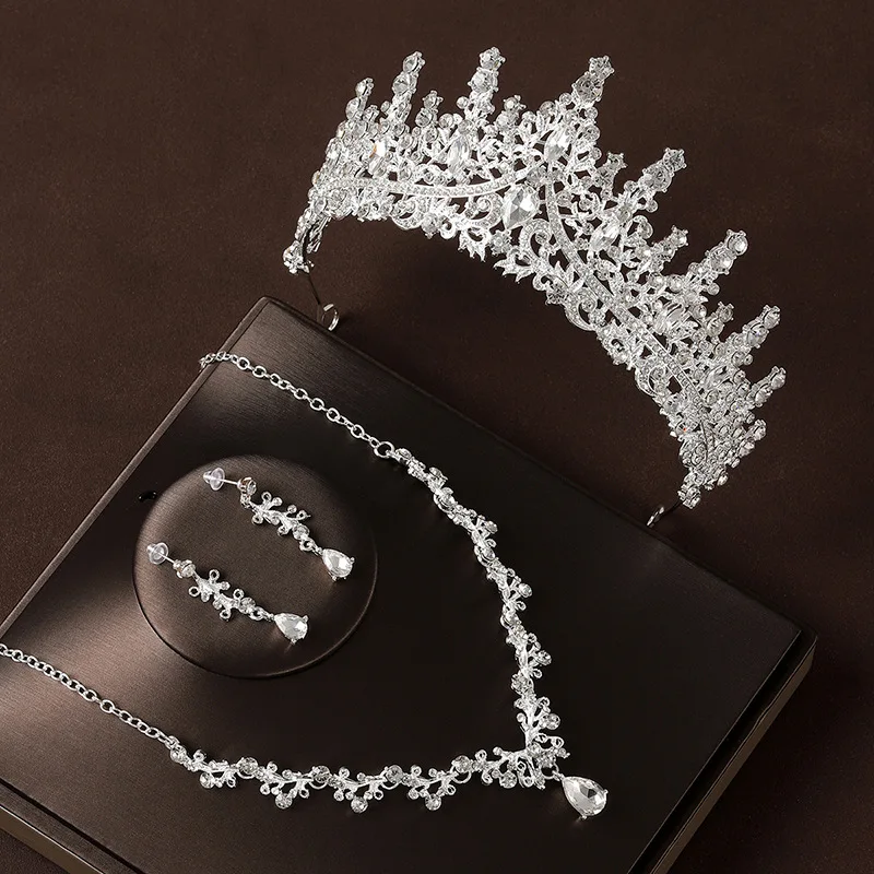 Bridal Wedding Jewelry 4-piece Set, Alloy Crystal Crown&Crystal Necklace&Earrings Women's Classic Wedding Tiaras - Image 3