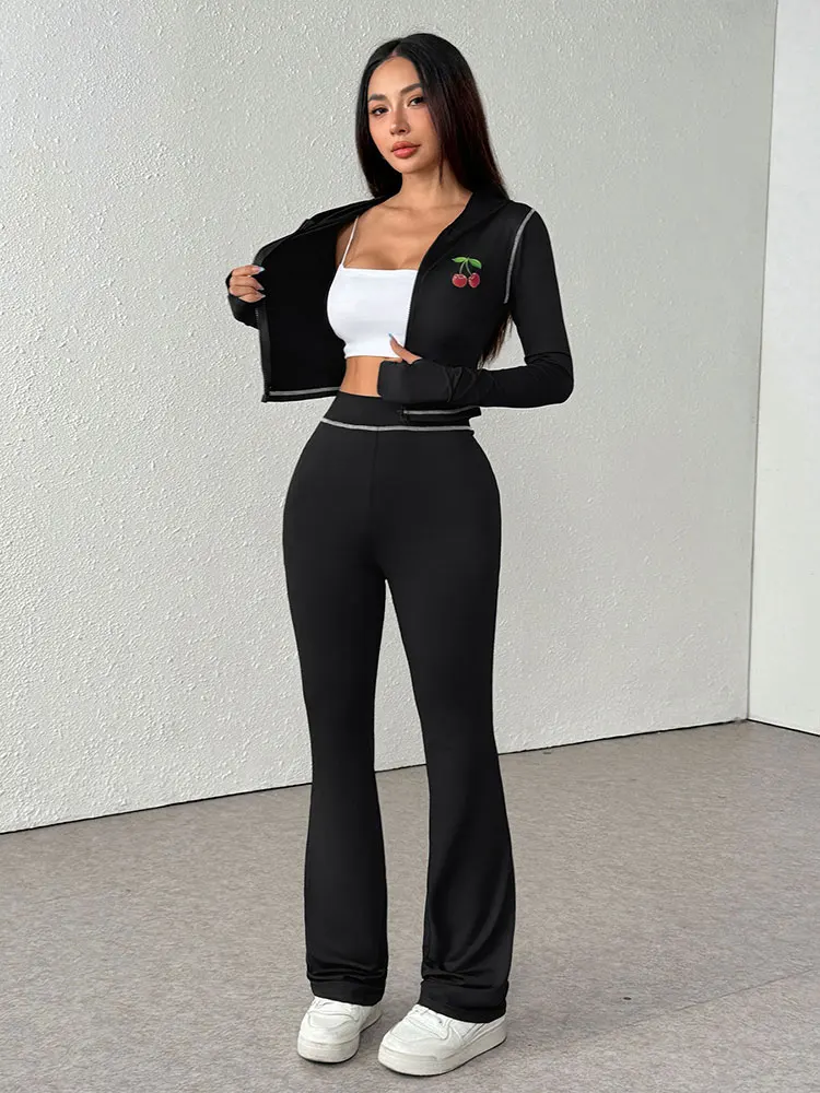 Autumn Women T-shirt Trousers 2 Piece New Streetwear Fashion Print Zippers Long Sleeves Tees Casual Slim Lady Trousers Clothing - Image 3