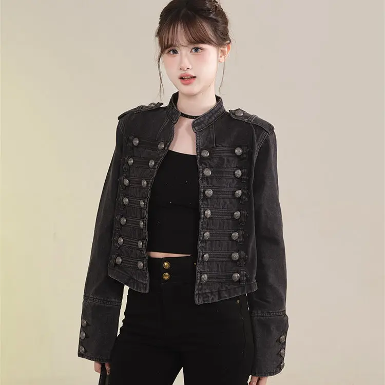 Women's Clothing Short Coat New Jeans Jacket Retro Button Design Slim Stand-up Collar Long Sleeves Denim Top Jacket Short Coat - Image 7