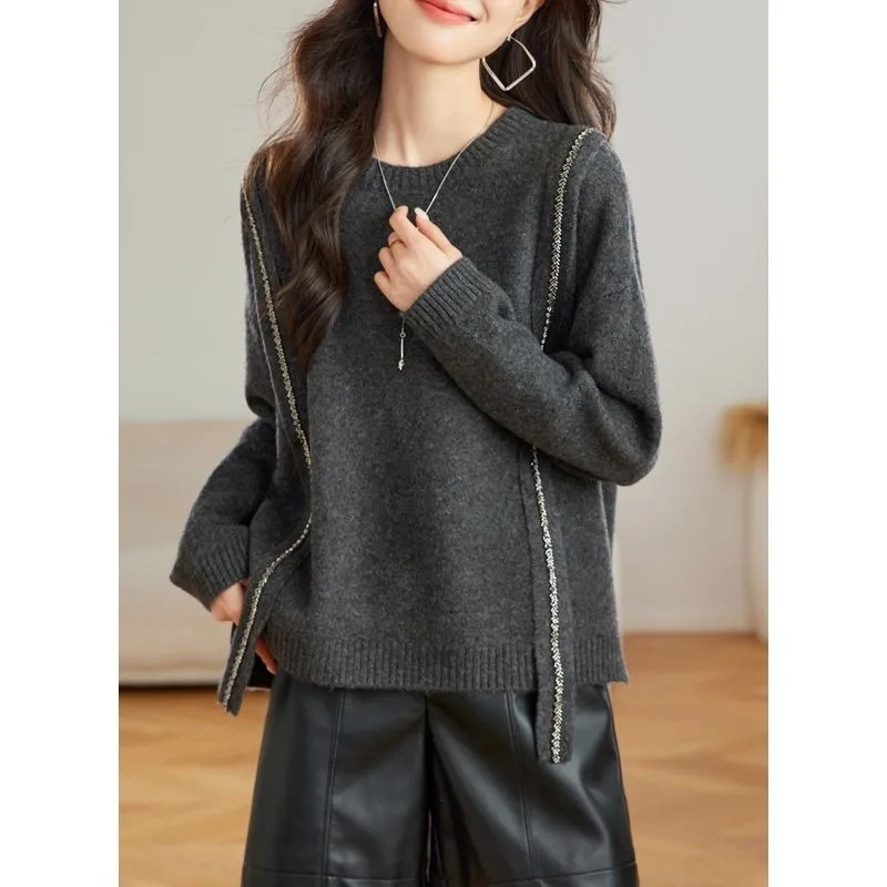 Women's Clothing New Autumn Style Round Neck Sweater Loose Fit to Cover Belly Pullovers Casual Splicing Jumpers - Image 3