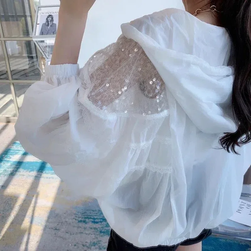 Women's Clothing Long Sleeve Hooded Hollow Out Spliced Sequin Fashionable Young Style Sunscreen Ventilation Coats XQ673 - Image 6