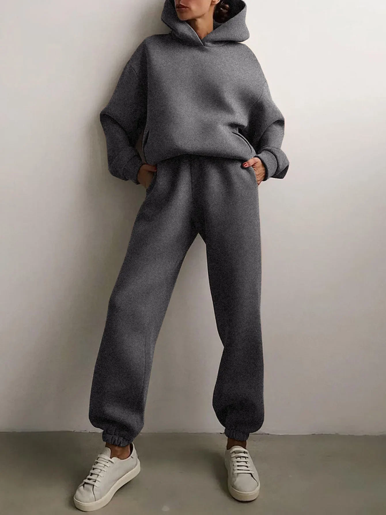 Women's Tracksuit Casual Solid Long Sleeve Hooded Sport Suits Autumn Warm Hoodie Sweatshirts and Long Pant Fleece Two Piece Sets - Image 14