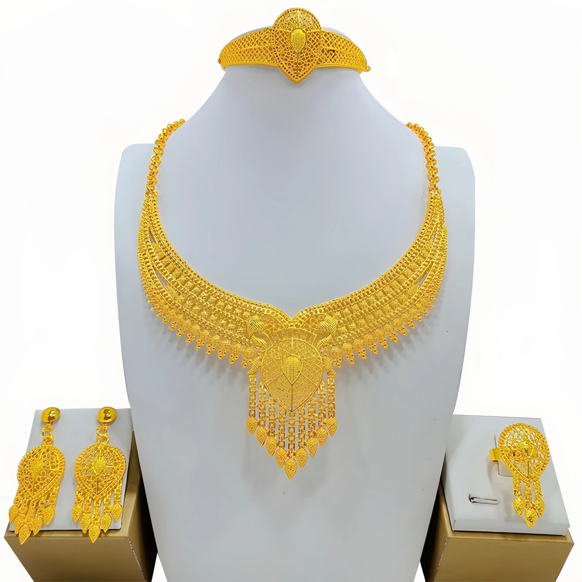Bridal Wedding Jewelry Sets Necklace Earrings Ring Hands 4pcs/set Alloy Dubai Saudi Arabia Fashion Jewelrys Accessories - Image 6