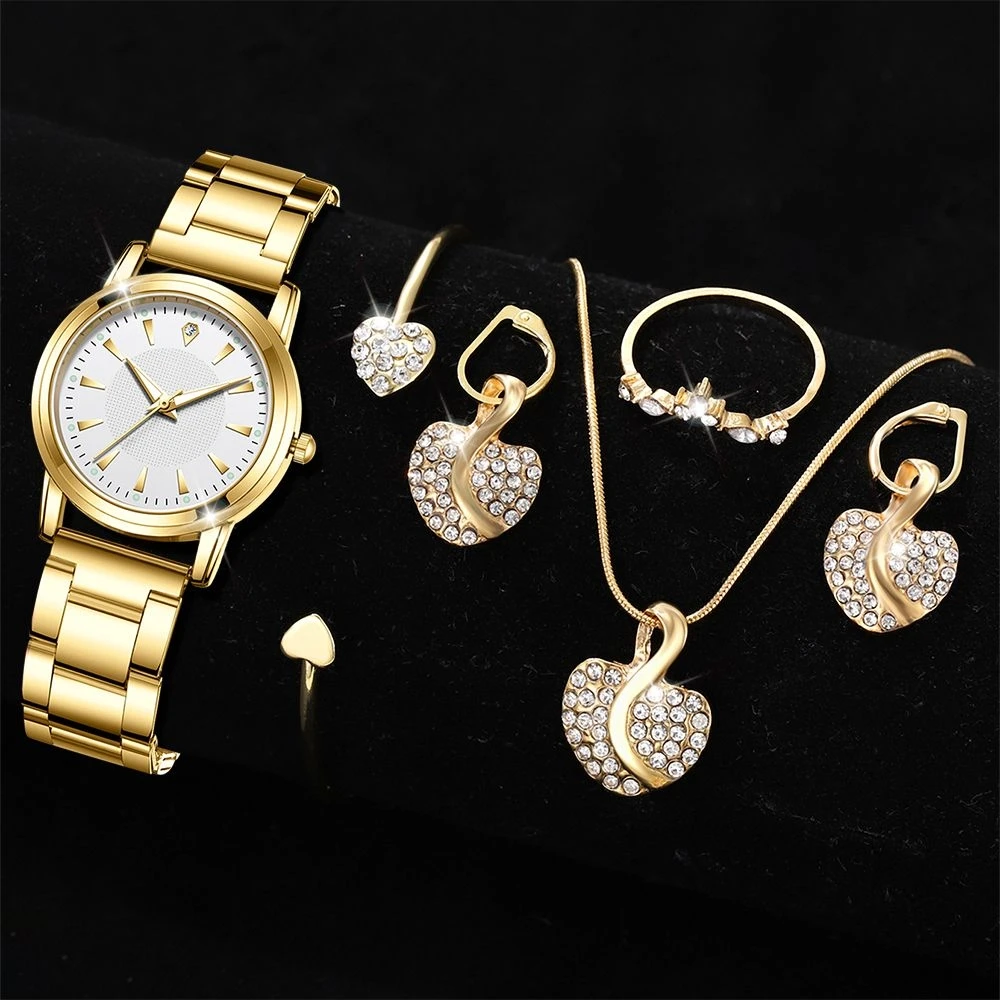 Women's Quartz Watch Gold Luxury Women Ring Necklace Earring Rhinestone Fashion Wristwatch Casual Ladies Watches Jewelry Set - Image 7