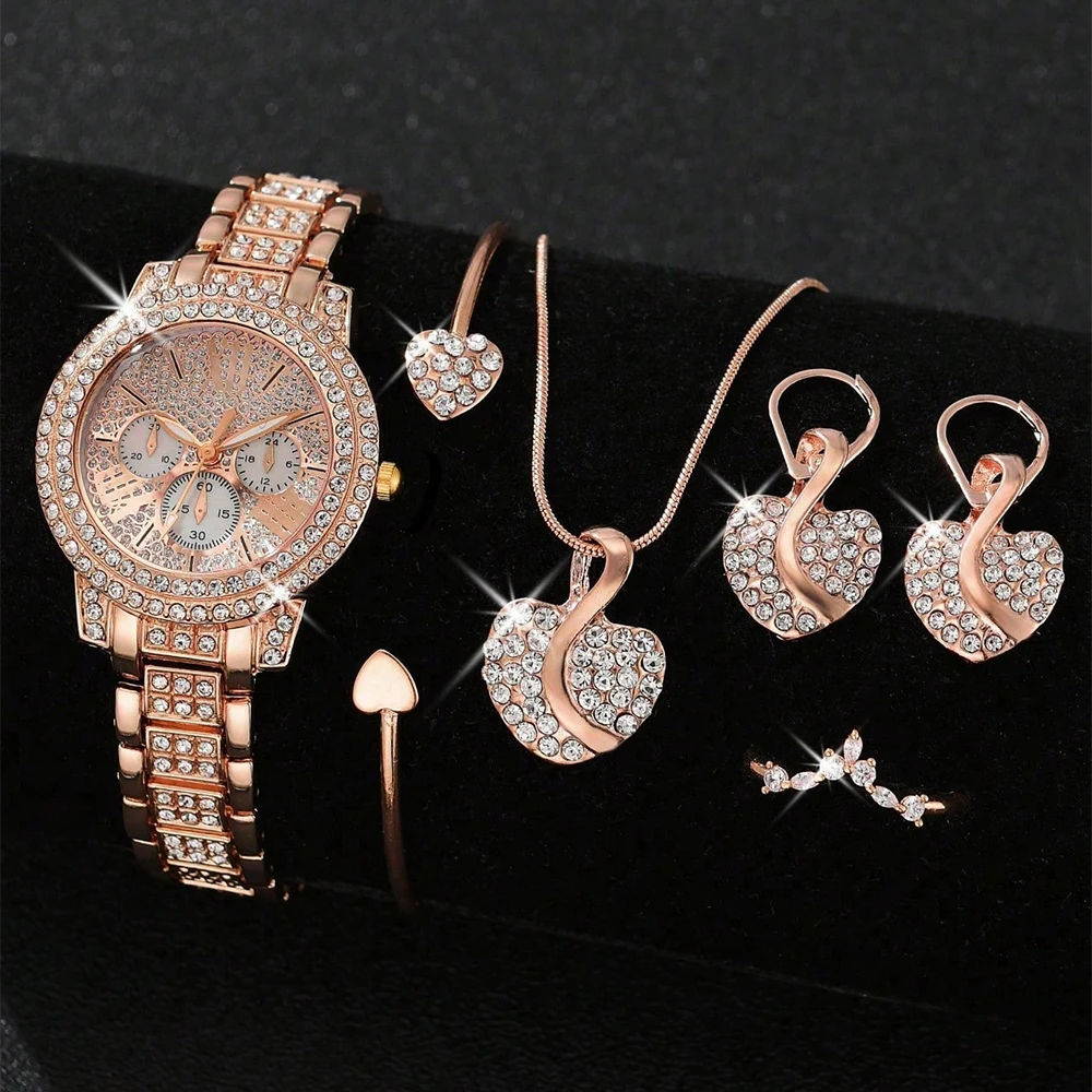 Women's Quartz Watch Gold Luxury Women Ring Necklace Earring Rhinestone Fashion Wristwatch Casual Ladies Watches Jewelry Set - Image 8