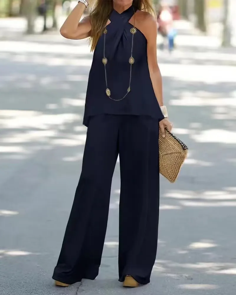 Women's Clothing 2025 New Fashion Casual Halter Neck Solid Color Sleeveless Suit Wide Leg Pants Trousers Two-piece Suit - Image 7