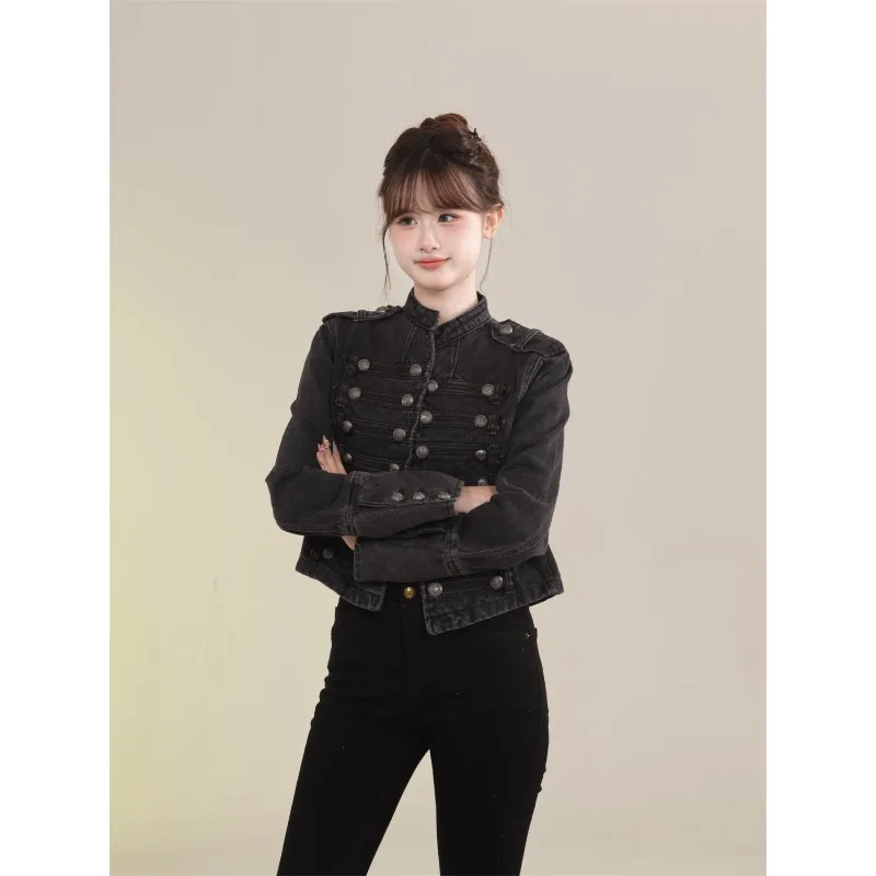 Women's Clothing Short Coat New Jeans Jacket Retro Button Design Slim Stand-up Collar Long Sleeves Denim Top Jacket Short Coat - Image 5