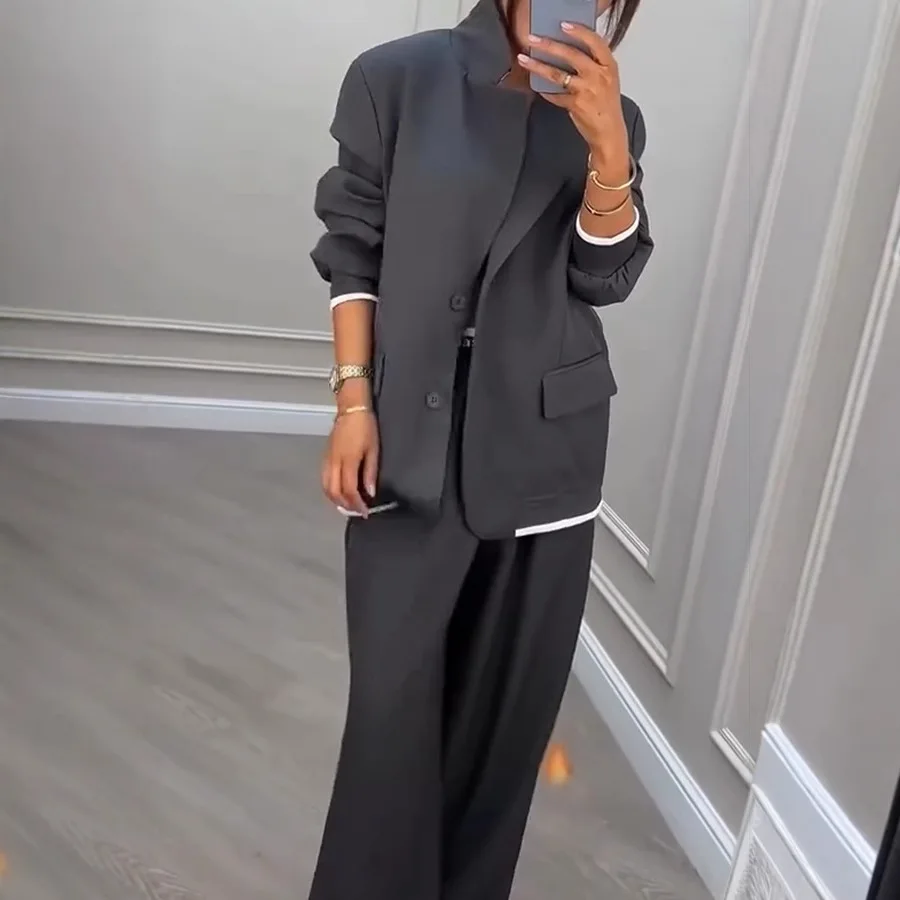 Women Suit Jacket Pants 2 Pieces Set Coat Wide Leg Trousers Outfits Single Breasted Turn Down Collar Office Lady Ensemble Autumn - Image 3