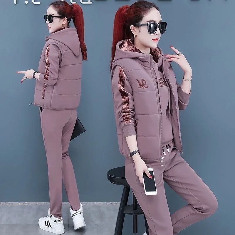 Women's Casual Fashion Autumn Winter New Sweat Suit Plush Thickened Hooded Tops and Waistcoat Pants 3 Three Piece Sets For Women - Image 10