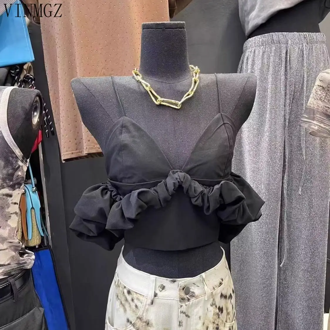 Women's clothing 2025 spring and summer new V-neck off-the-shoulder bubble sleeve pleated short suspender vest women - Image 4