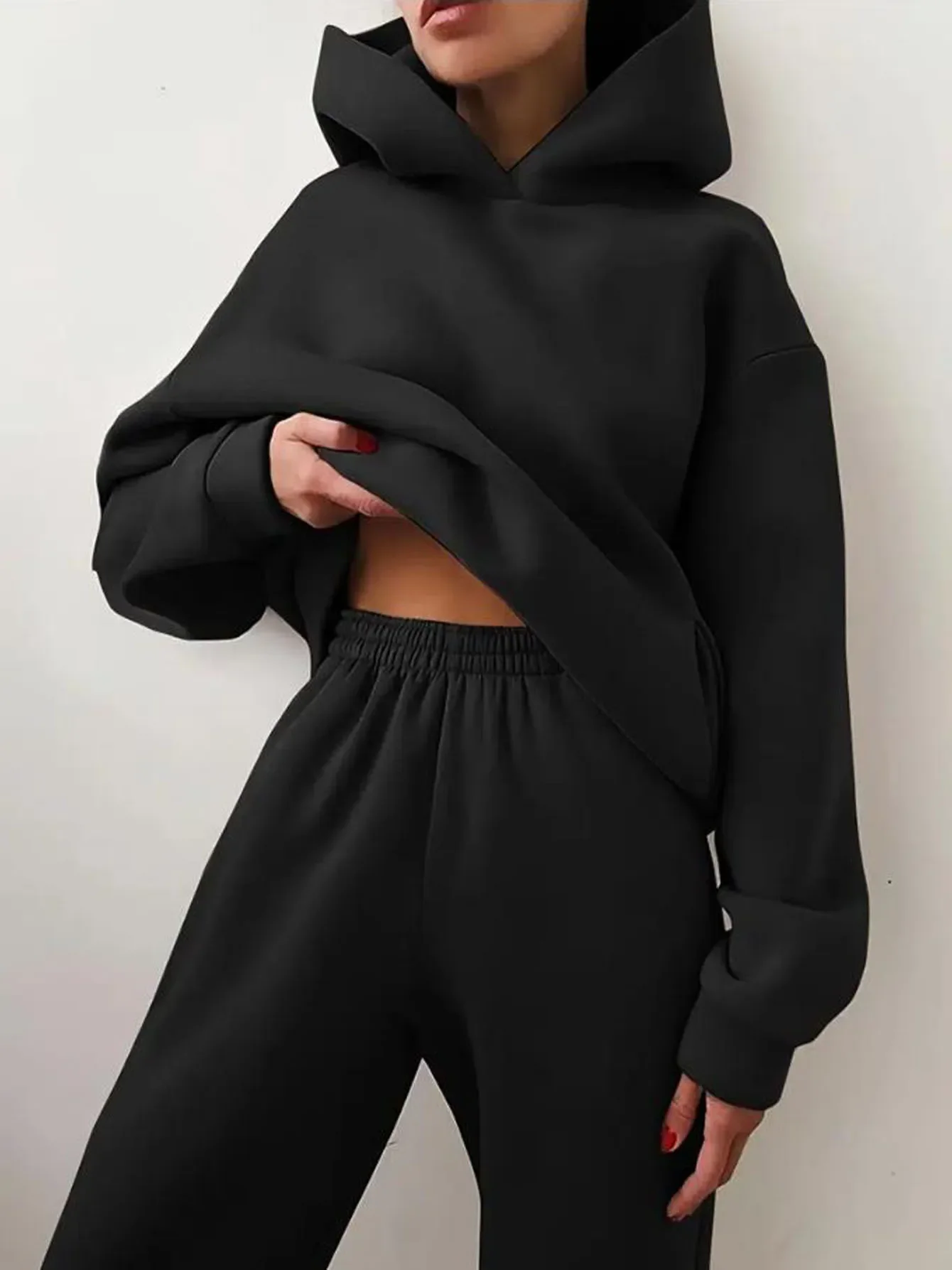Women's Tracksuit Casual Solid Long Sleeve Hooded Sport Suits Autumn Warm Hoodie Sweatshirts and Long Pant Fleece Two Piece Sets - Image 11