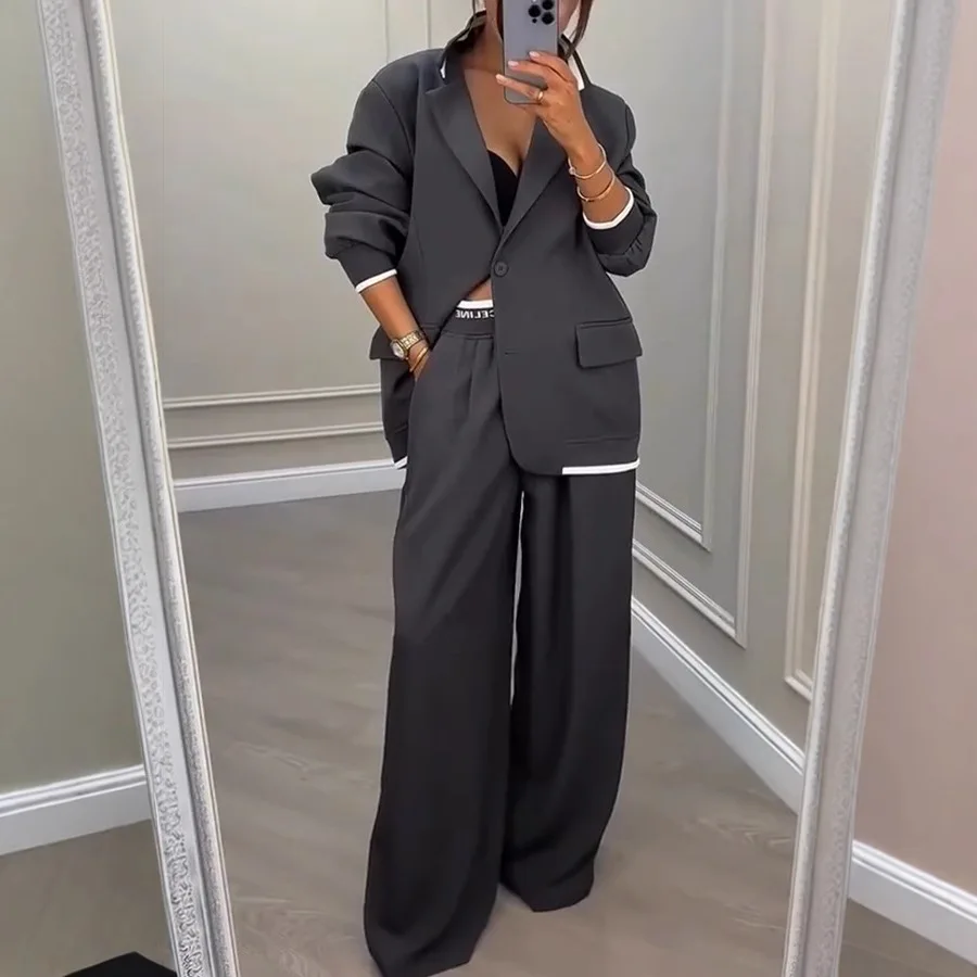 Women Suit Jacket Pants 2 Pieces Set Coat Wide Leg Trousers Outfits Single Breasted Turn Down Collar Office Lady Ensemble Autumn