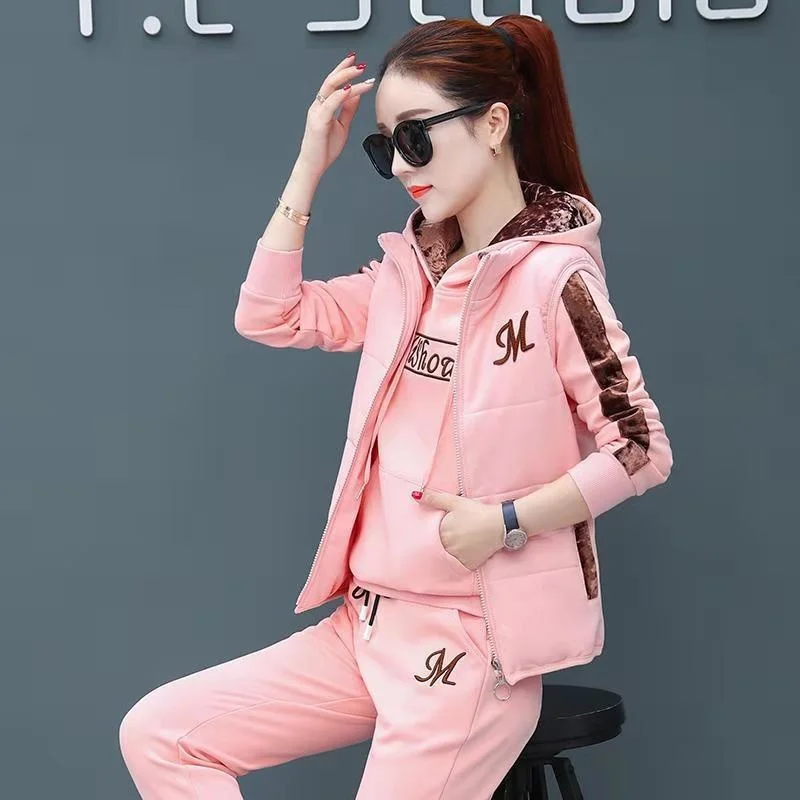 Women's Casual Fashion Autumn Winter New Sweat Suit Plush Thickened Hooded Tops and Waistcoat Pants 3 Three Piece Sets For Women - Image 4