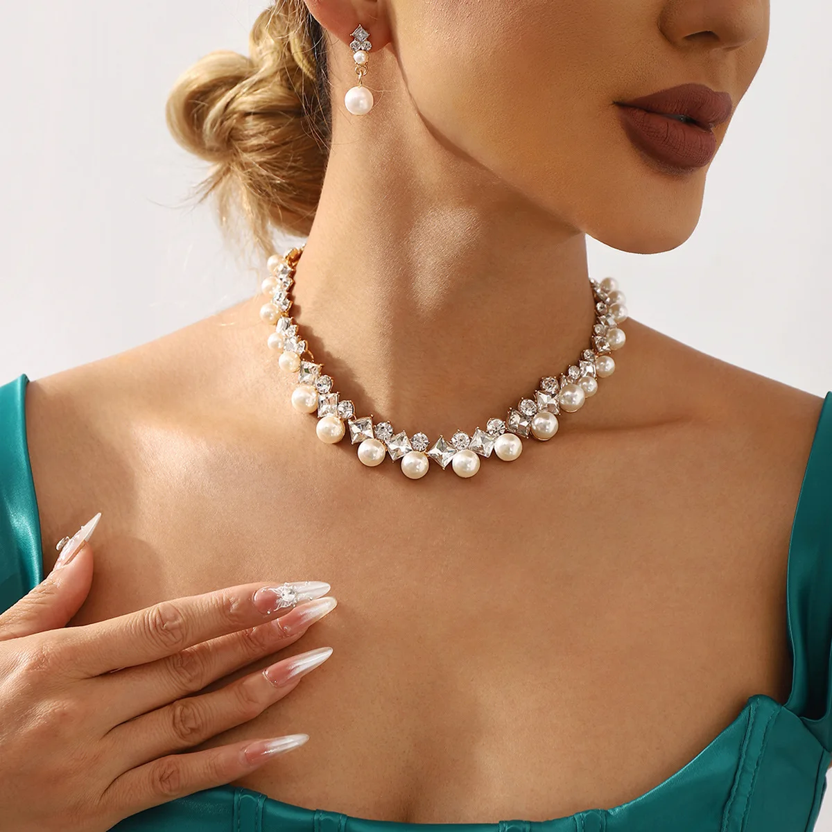 Earrings Jewelry Set Shiny Pearl Jewelry Set Rhinestone Necklace Set Eye-Catching Luxury Wedding Jewelry For Banquet Gift - Image 4