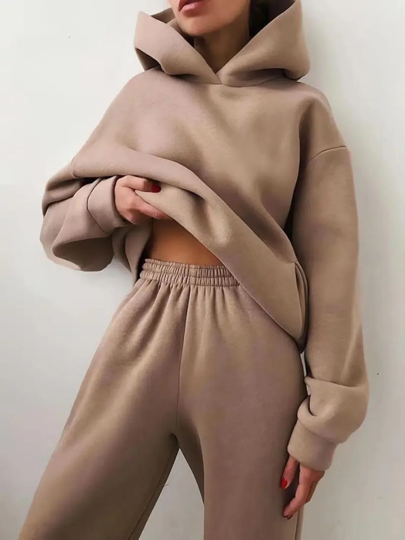 Women's Tracksuit Casual Solid Long Sleeve Hooded Sport Suits Autumn Warm Hoodie Sweatshirts and Long Pant Fleece Two Piece Sets - Image 8