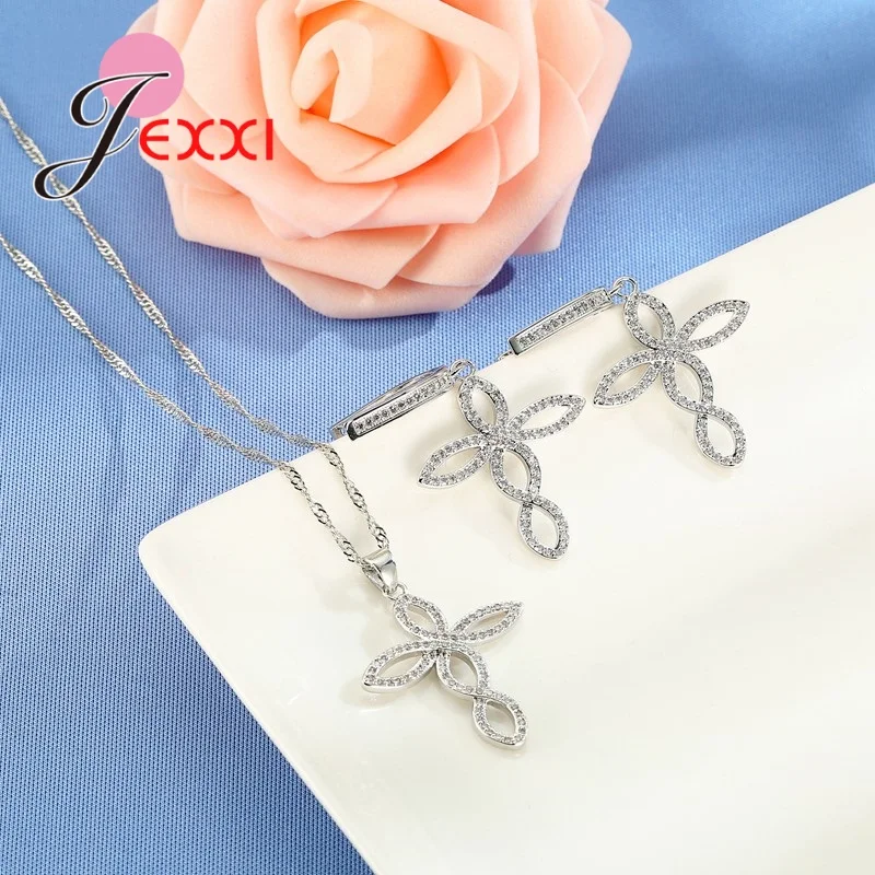 Women Wedding Jewelry Sets Charm Crystal Crooked Cross Pendant Necklaces Earrings Sets Shininy 925 Sterling Silver Bijoux - Image 4