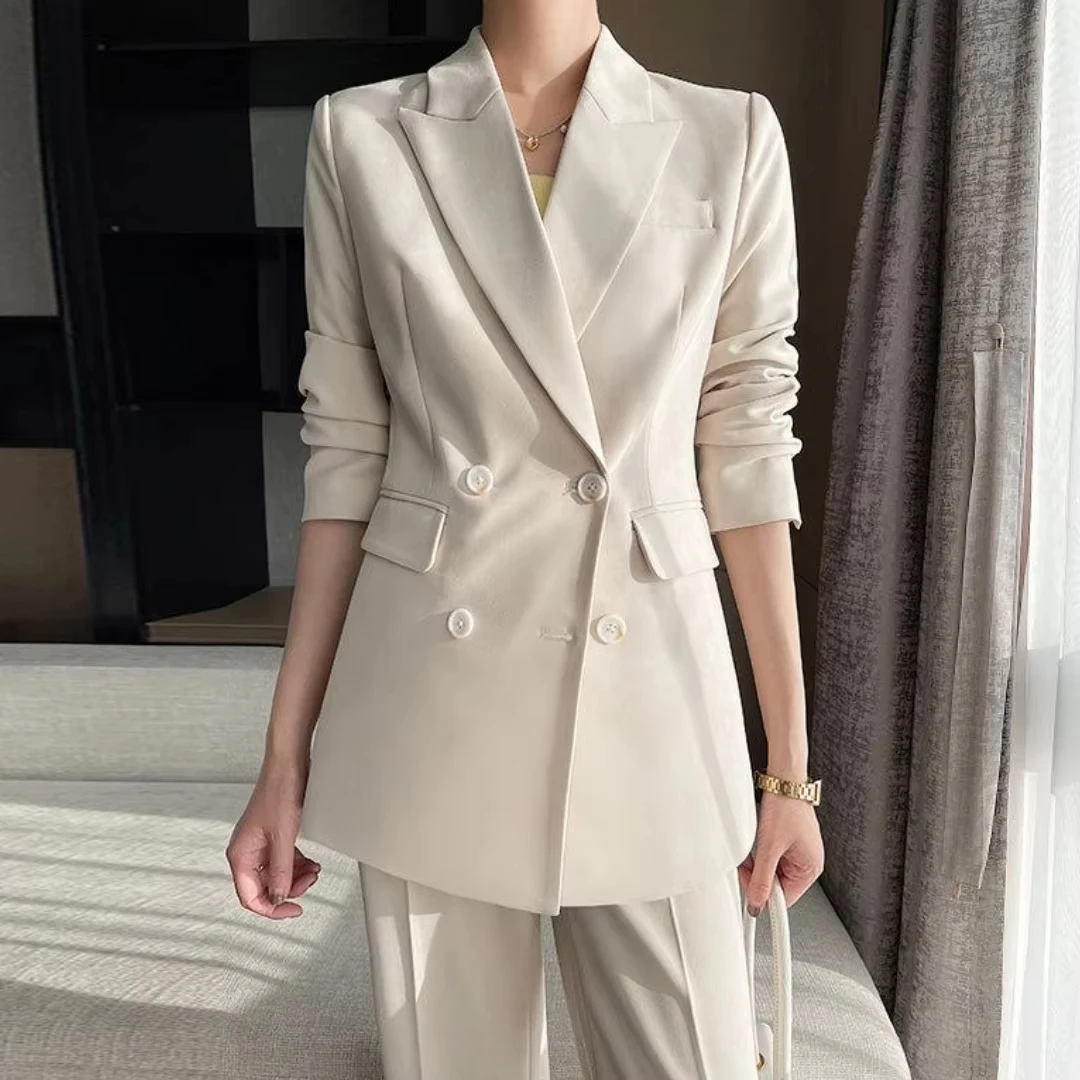 Women Suit 2 Pieces White Double Button With Lapel Solid For Wedding Banquet Party Business Work Office Set Blazer And Pants - Image 8