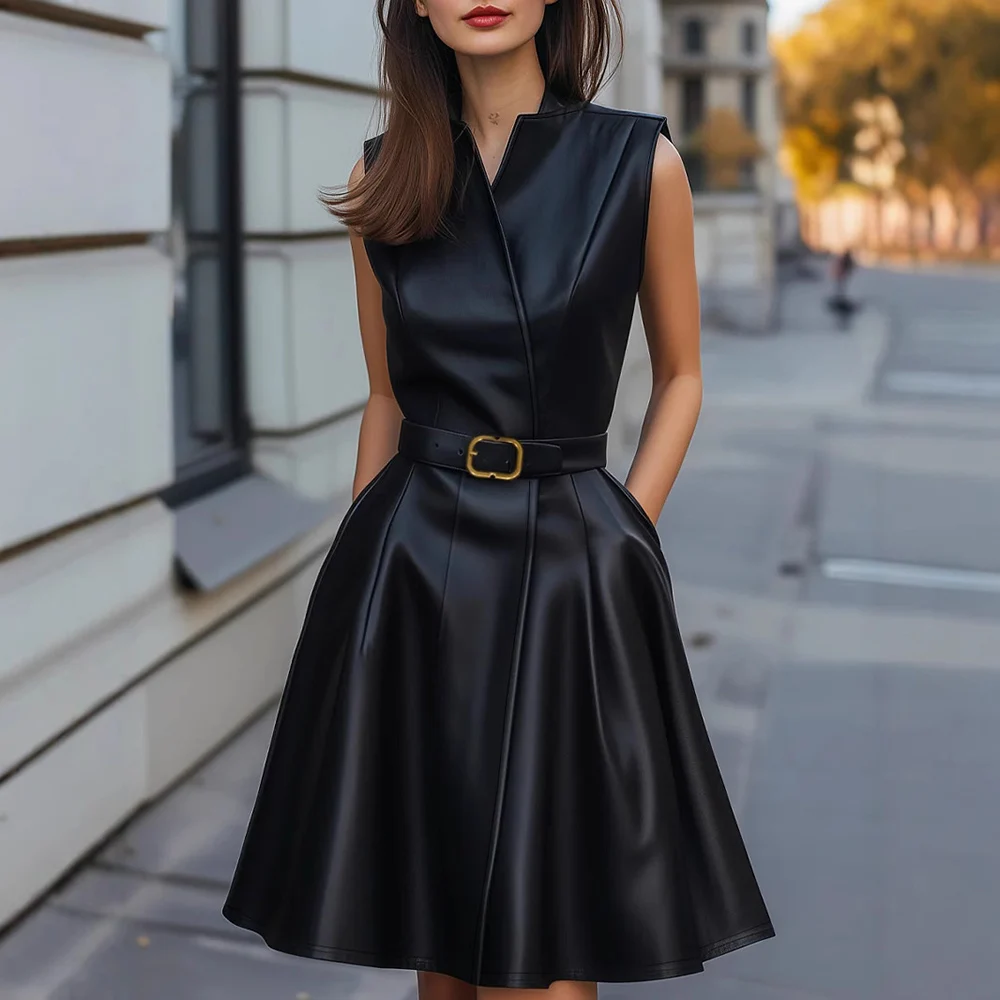Women Pu Leather Midi Dress Elegant Solid V-Neck Sleeveless High Waist With Belt High Street Dress Chic Business Office Dresses - Image 3