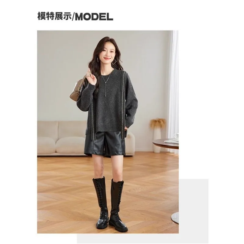 Women's Clothing New Autumn Style Round Neck Sweater Loose Fit to Cover Belly Pullovers Casual Splicing Jumpers - Image 5