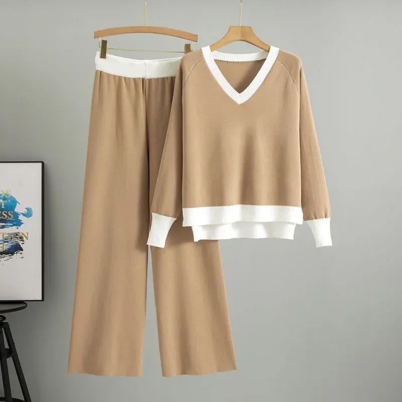 Fashionable Casual Suit for Women 2025 Spring and Autumn V-neck Contrasting Sweater Loose Wide-leg Pants Two-piece Set - Image 7
