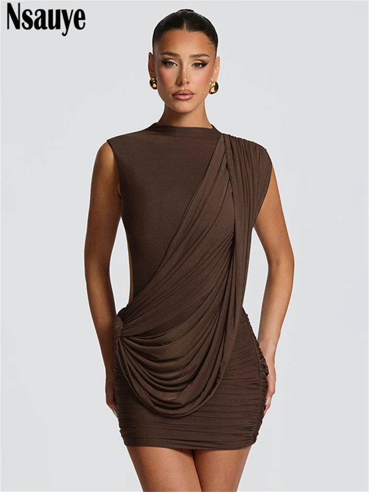 Nsauye Casual Women Pullover Short Fashion Evening Party Basic Dress Backless O Neck Sexy Night Club Brown Elegant Dress Summer