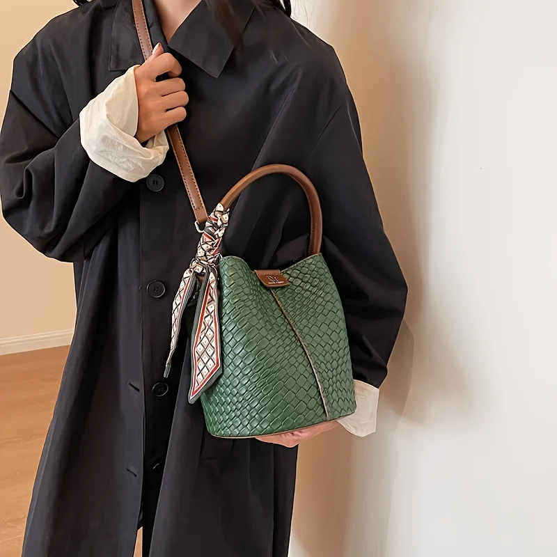 Fashionable Women's Bucket Bag, Stylish Solid Color Woven Effect Handbag Shoulder Bag and Crossbody Bag, Can Be Carried By Hand - Image 6