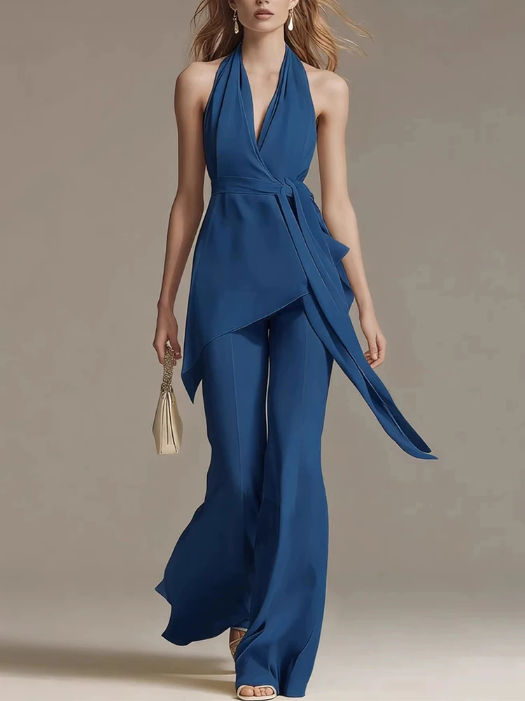 Women's Casual Sleeveless Lace-Up Solid Outfits Fashion Simples Draped 2Pc Suits Sexy Halter Backless Top & Wide Leg Pant Sets - Image 4
