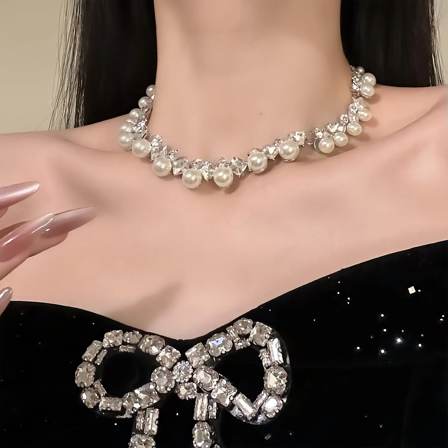 Earrings Jewelry Set Shiny Pearl Jewelry Set Rhinestone Necklace Set Eye-Catching Luxury Wedding Jewelry For Banquet Gift - Image 5