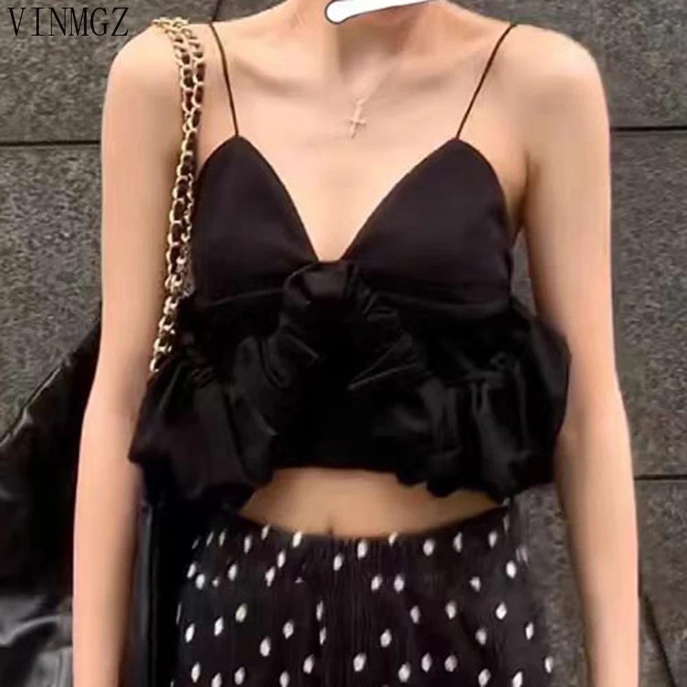 Women's clothing 2025 spring and summer new V-neck off-the-shoulder bubble sleeve pleated short suspender vest women - Image 6