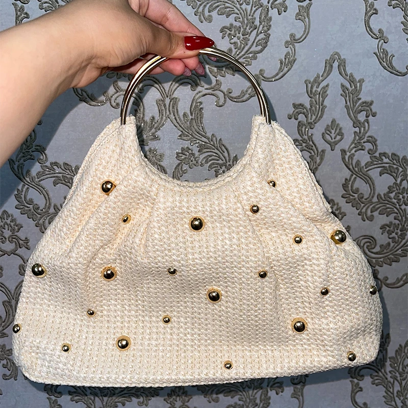 Beaded Straw Handbag,Boho Evening Bag Elegant Clutch Purse Bag with Circle Handle,Summer Beach Vacation Grass Woven Tote Bag - Image 5