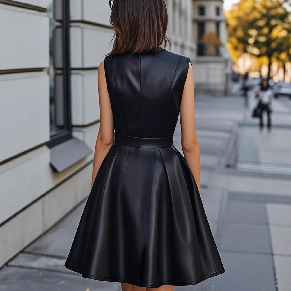 Women Pu Leather Midi Dress Elegant Solid V-Neck Sleeveless High Waist With Belt High Street Dress Chic Business Office Dresses - Image 4